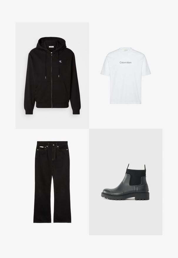 Sudadera con cremallera negra hecha de una tela suave. Cuenta con una capucha con cordón, bolsillos frontales y un pequeño logotipo bordado en el pecho.; Camiseta blanca de algodón con mangas cortas. Presenta un cuello redondo y un logo impreso de "Calvin Klein" en gris en el pecho.; Vaqueros negros de pierna recta con costuras naranjas, cinco bolsillos, cierre de botón y una pequeña etiqueta Calvin Klein en el bolsillo delantero derecho.; Botas de tobillo negras de goma con acabado mate, que presentan un diseño elegante, paneles elásticos y una suela gruesa para mayor tracción.