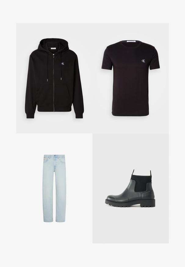 Schwarze Zip-Hoodie aus weichem Material. Mit einer Kapuze mit Kordelzug, Fronttaschen und einem kleinen gestickten Logo auf der Brust.; Schwarzes T-Shirt mit kurzen Ärmeln und Rundhalsausschnitt mit kleinem weißen "cK" Logo auf der linken Brust und Calvin Klein Jeans Label innen im Kragen.; Hellblaue Denim-Jeans mit geradem Bein, vorderem Knopf- und Reißverschluss, Gürtelschlaufen und Vordertaschen.; Schwarze Knöchelstiefel aus Gummi mit matter Oberfläche, die ein schlankes Design, elastische Einsätze und eine robuste Sohle für bessere Bodenhaftung bieten.