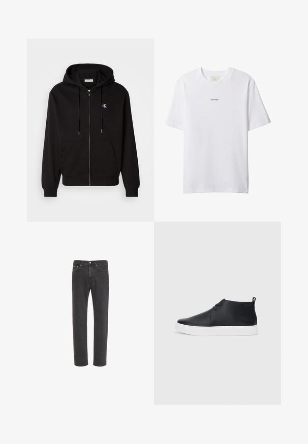Schwarze Zip-Hoodie aus weichem Material. Mit einer Kapuze mit Kordelzug, Fronttaschen und einem kleinen gestickten Logo auf der Brust.; Weißes Baumwoll-T-Shirt mit Rundhalsausschnitt und kurzen Ärmeln. Auf der Brust zentriert befindet sich ein kleines schwarzes "Calvin Klein"-Logo.; Schwarze Straight-Leg-Jeans aus Denim mit Knopf- und Reißverschluss vorne, Vorder- und Gesäßtaschen, auf weißem Hintergrund dargestellt.; Schwarze Leder-Hohe Sneaker mit glatter Oberfläche, weißer Gummisohle und einfachem Schnürdesign. Verfügt über eine Zuglasche an der Rückseite.