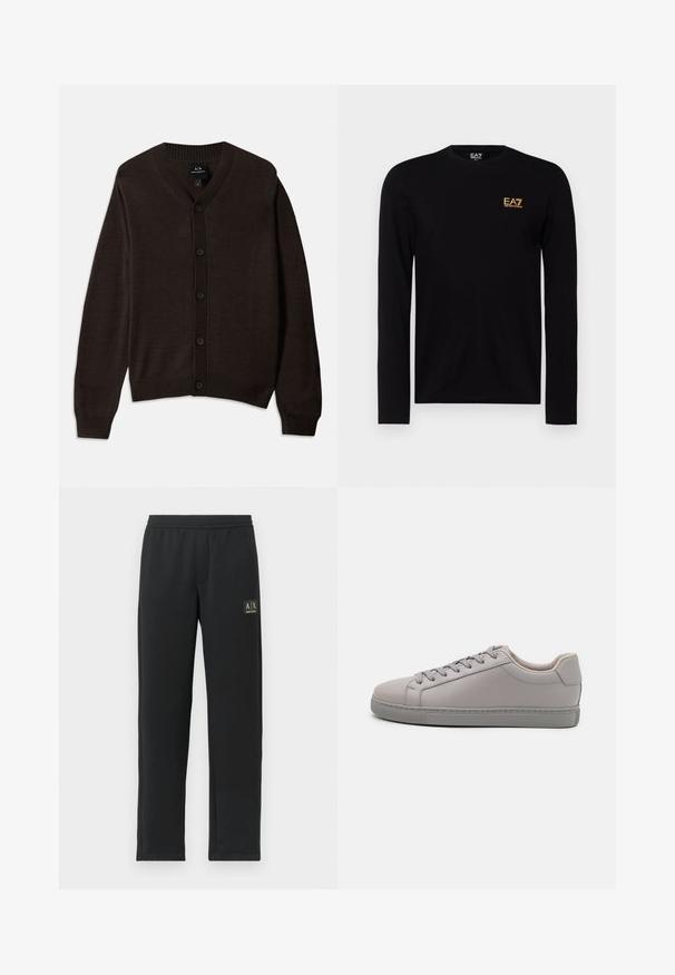 Brun strikket cardigan med V-hals, ribbestrikket krave og frontknapper. Har lange ærmer og en afslappet pasform. Materialet er blødt og glat.; Sort langærmet T-shirt lavet af bomuld, med et guld EA7-logo på venstre bryst. Crew neck-design med tætsiddende ærmer.; Sorte sweatpants med lige ben, elastisk talje og sort logo-patch på venstre lår.; Grå lædersneaker med en glat finish, flade snørebånd, rund tå og en kontrasterende grå gummisål. Minimalistisk design og tekstur.