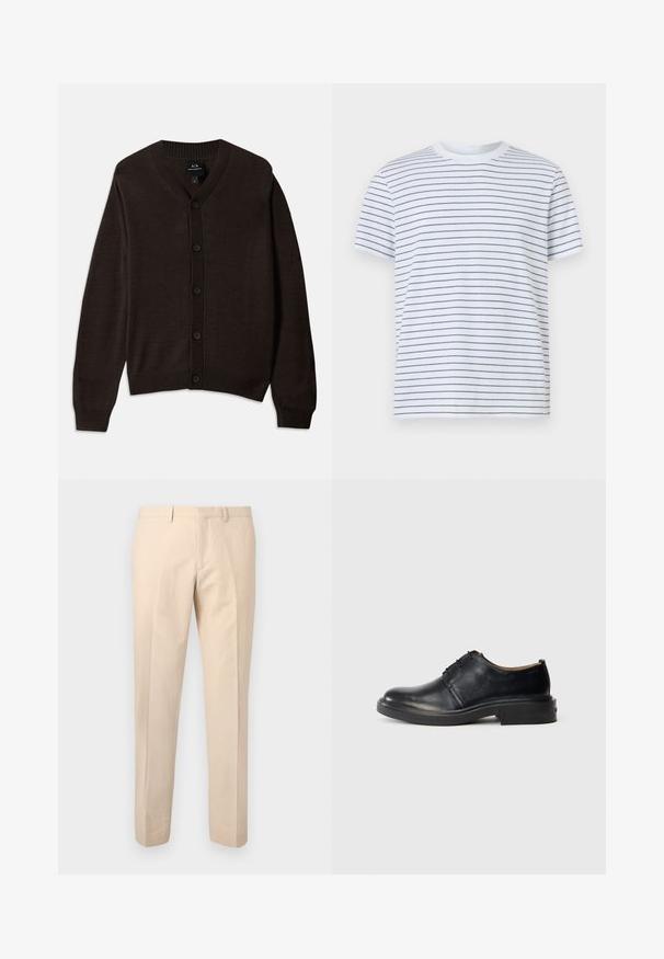 Brun strikket cardigan med V-hals, ribbestrikket krave og frontknapper. Har lange ærmer og en afslappet pasform. Materialet er blødt og glat.; Hvid T-shirt med korte ærmer med tynde, jævnt fordelt sorte vandrette striber og rund halsudskæring vist på en ensfarvet baggrund.; Beige bukser med slank pasform, bæltestropper, forreste lynlås og buksefolder ned ad benene, vist på en lys grå baggrund.; Sorte læder oxford sko med rund tå, snørebånd foran og lav, stablet hæl på lys baggrund.