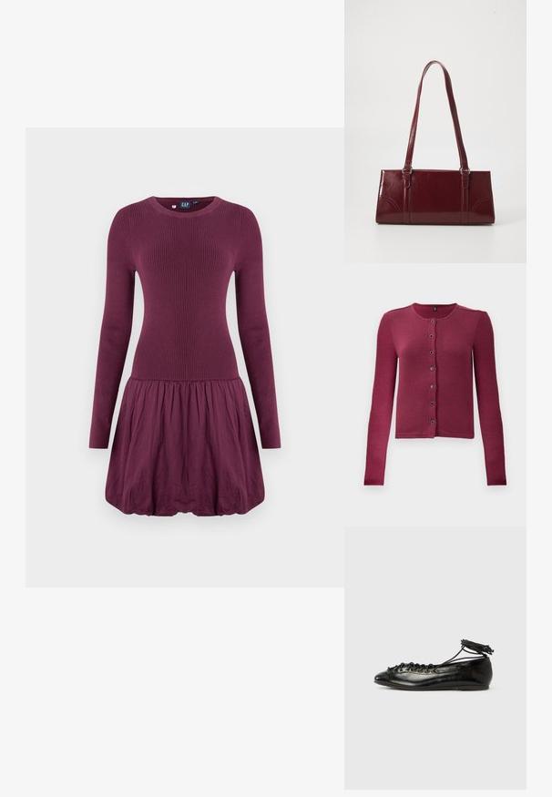 Geribde langwerpige button-up cardigan in donkerroze met ronde halslijn en zeven zwarte en zilveren knopen aan de voorkant.; Paarse jurk met een geribbelde lijfje, lange mouwen en een geplooide rok. De stof oogt glad en heeft een lichte textuur.; Zwarte ballerina's van lakleer met een afgeronde neus, veterdesign en een platte zool. Glad oppervlak met minimale details.; Bourgondische handtas van glanzend materiaal, rechthoekige vorm, met twee schouderbanden en subtiele gebogen accenten aan de voorkant.