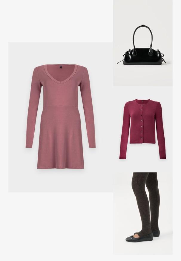 Geribde langwerpige button-up cardigan in donkerroze met ronde halslijn en zeven zwarte en zilveren knopen aan de voorkant.; Jurk met lange mouwen in mauve, voorzien van een V-hals en een nauwsluitend bovenstuk met een uitlopende rok. Gemaakt van zachte, rekbare stof.; Benen met donkere geribbelde leggings gecombineerd met zwarte ballerina's met kleine strikdetails op een witte achtergrond.; Kleine zwarte glanzende handtas met twee lange hengsels en zijkant trekkoord details op een effen lichte achtergrond.
