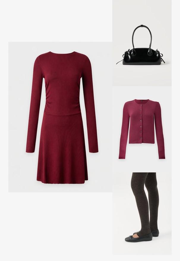 Gilet boutonné à manches longues côtelé en rose foncé, avec un col rond et sept boutons noirs et argentés sur le devant.; Robe à manches longues, rouge foncé, à encolure ronde et taille cintrée, en tissu côtelé.; Jambes portant des leggings côtelés foncés associés à des ballerines noires avec de petits détails en nœud sur fond blanc.; Petit sac à main noir brillant avec deux longues anses et des détails à cordon sur les côtés sur un fond clair uni.