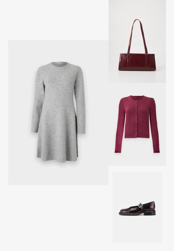 Ribbede langærmede knap-up cardigan i mørk pink med rund hals og syv sorte og sølv knapper ned langs fronten.; Grå langærmet kjole lavet af blødt stof; har en rund halsudskæring og en afslappet pasform, der flarer let ved kanten med sideslids.; En enkelt blank mørk burgunder Mary Jane sko med bred rem og sølvspænde, lav blokhæle og rundet tå på hvid baggrund.; Bordeaux håndtaske lavet af glansfuldt materiale, rektangulær form, med to skulderremme og subtile buede detaljer på forsiden.