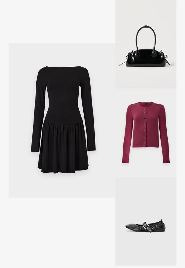 Ribbede langærmede knap-up cardigan i mørk pink med rund hals og syv sorte og sølv knapper ned langs fronten.; Sort langærmet kjole med tætsiddende korset og bådudskæring, med en rynket, udsvajet nederdel under taljen.; Sorte læder flade sko med spids tå, samling detaljer omkring åbningen, og en sølv spænde accent på den justerbare rem.; Lille sort blank håndtaske med to lange håndtag og snøre-detaljer i siden på en ensfarvet lys baggrund.