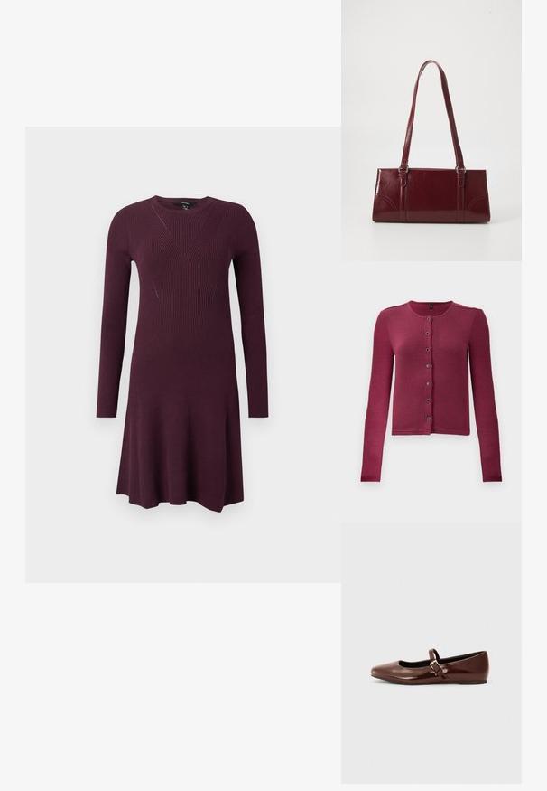 Gilet boutonné à manches longues côtelé en rose foncé, avec un col rond et sept boutons noirs et argentés sur le devant.; Robe en tricot de couleur violet profond, avec des manches longues, un corsage ajusté avec des motifs de côtes diagonales et une jupe évasée.; Ballerine en cuir verni marron avec un bout carré et une lanière ornée d'une petite boucle dorée. Texture lisse, talon bas et design minimaliste.; Sac à main bordeaux en matériau brillant, de forme rectangulaire, avec deux anses et des accents légèrement courbés à l'avant.