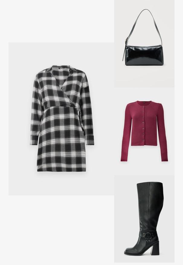 Geribde langwerpige button-up cardigan in donkerroze met ronde halslijn en zeven zwarte en zilveren knopen aan de voorkant.; Zwart-witte geblokte wikkeljurk met lange mouwen, V-hals en een strik in de taille. Zacht materiaal met een ruitpatroon over het gehele kledingstuk.; Kniehoge zwarte leren laarzen met een vierkante neus, brede hak en een decoratieve band met metalen accenten rond de enkel. Gladde textuur.; Zwarte rechthoekige schoudertas met een enkele verstelbare band en een bovenste ritssluiting op een effen achtergrond.