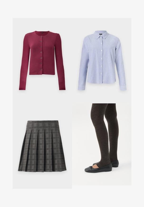 Cárdigan de botones de manga larga con relieve en rosa oscuro, con cuello redondo y siete botones negros y plateados en la parte delantera.; Camisa de manga larga con botones, con rayas verticales blancas y azul claro y cuello puntiagudo, mostrada sobre un fondo liso.; Falda plisada en un patrón de cuadros grises, hecha de una tela texturizada. Presenta pliegues verticales y un dobladillo recto.; Piernas con leggings oscuros acanalados combinados con bailarinas negras que presentan pequeños detalles de lazo sobre un fondo blanco.