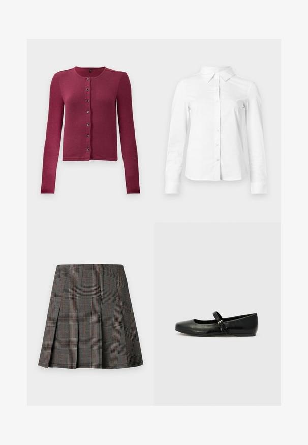 Ribbede langærmede knap-up cardigan i mørk pink med rund hals og syv sorte og sølv knapper ned langs fronten.; Hvid skjorte med lange ærmer, knapper, spids krave, lige kant og tætsiddende silhuet, vist på en ensartet lys baggrund.; Gråternet nederdel med plisseringer, prydet med intrikate mønstre i sort og hvid, akkompagneret af tynde røde linjer. Fremstillet af et struktureret stof.; Sorte læder balletflade med rund tå, flad sål og en tynd justerbar rem over svangen med en metalspænde.