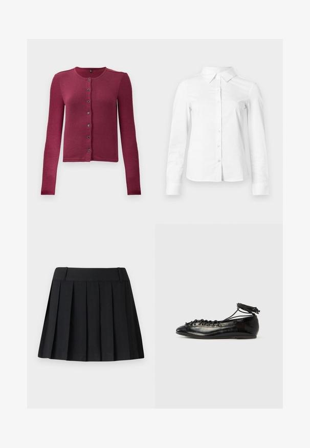 Geribde langwerpige button-up cardigan in donkerroze met ronde halslijn en zeven zwarte en zilveren knopen aan de voorkant.; Witte blouse met lange mouwen en knopen, met puntige kraag, rechte zoom en aansluitende silhouet, weergegeven op een effen lichte achtergrond.; Zwarte geplooide rok met een op maat gemaakte tailleband, gemaakt van lichte stof. Kenmerkt zich door gelijkmatig verdeelde plooien en een eenvoudig, strak ontwerp.; Zwarte ballerina's van lakleer met een afgeronde neus, veterdesign en een platte zool. Glad oppervlak met minimale details.
