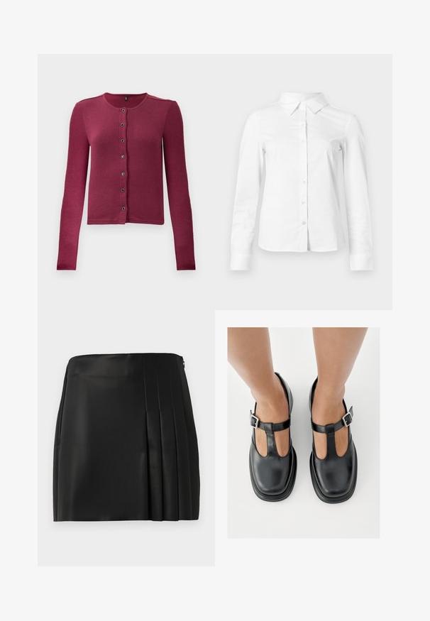Geribde langwerpige button-up cardigan in donkerroze met ronde halslijn en zeven zwarte en zilveren knopen aan de voorkant.; Witte blouse met lange mouwen en knopen, met puntige kraag, rechte zoom en aansluitende silhouet, weergegeven op een effen lichte achtergrond.; Zwarte neplederen mini-jurk met een gladde voorkant en plissé-detail aan de rechterzijde, voorzien van een ritsluiting aan de achterkant.; Zwarte leren schoenen met een T-bandontwerp, gesloten teensluiting en zilverkleurige gespdetails. Glad oppervlak met een ronde neus en platte zool.