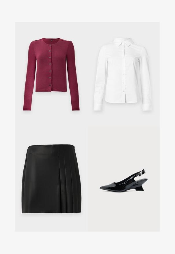 Gilet boutonné à manches longues côtelé en rose foncé, avec un col rond et sept boutons noirs et argentés sur le devant.; Chemise blanche à manches longues avec boutons, col pointu, ourlet droit et silhouette ajustée, présentée sur un fond clair uni.; Jupe mini en faux cuir noir avec un devant lisse et des plis sur le côté droit, équipée d'une fermeture éclair au dos.; Chaussure slingback en cuir verni noir avec bout pointu et petit talon bloc incliné sur fond clair uni.