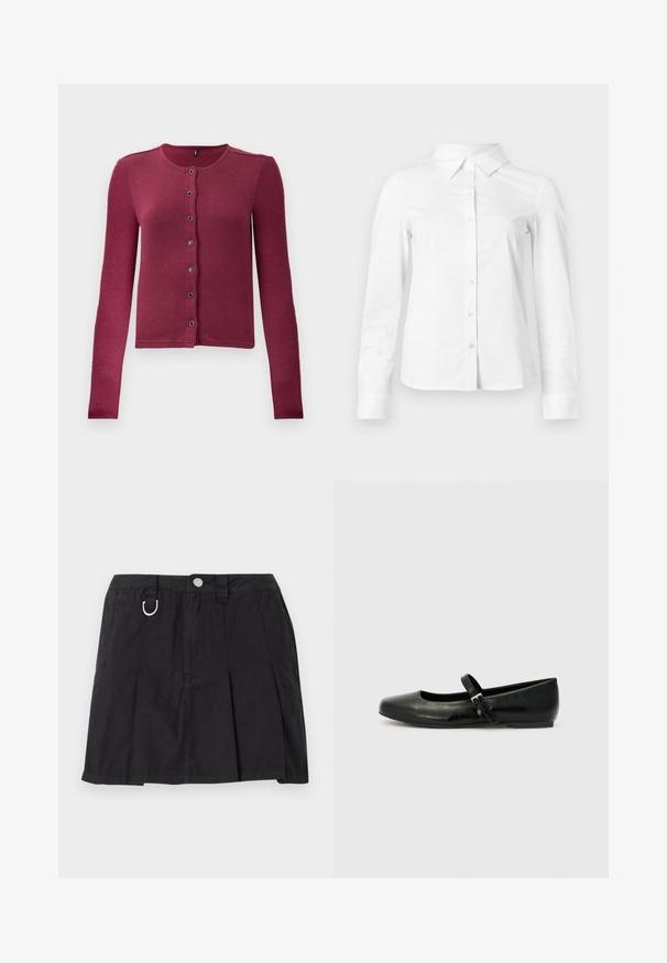 Ribbede langærmede knap-up cardigan i mørk pink med rund hals og syv sorte og sølv knapper ned langs fronten.; Hvid skjorte med lange ærmer, knapper, spids krave, lige kant og tætsiddende silhuet, vist på en ensartet lys baggrund.; Sort plisseret nederdel lavet af bomuld, med frontknaplukning, bæltestropper og en D-ring detalje i taljen.; Sorte læder balletflade med rund tå, flad sål og en tynd justerbar rem over svangen med en metalspænde.