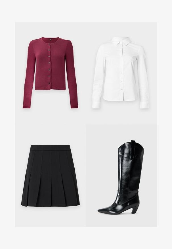 Gilet boutonné à manches longues côtelé en rose foncé, avec un col rond et sept boutons noirs et argentés sur le devant.; Chemise blanche à manches longues avec boutons, col pointu, ourlet droit et silhouette ajustée, présentée sur un fond clair uni.; Jupe plissée noire en tissu lisse. Elle présente une large ceinture et plusieurs plis aiguille verticaux.; Bottes en cuir noir montantes jusqu'au genou, avec une pointe effilée, un talon bas, et des détails de couture décoratifs sur les côtés. Fini lisse et brillant.