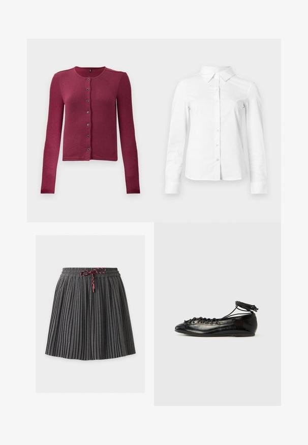 Geribde langwerpige button-up cardigan in donkerroze met ronde halslijn en zeven zwarte en zilveren knopen aan de voorkant.; Witte blouse met lange mouwen en knopen, met puntige kraag, rechte zoom en aansluitende silhouet, weergegeven op een effen lichte achtergrond.; Donkergrijze geplooide rok met een elastische tailleband en een gebonden bordeaux koord aan de voorkant in het midden.; Zwarte ballerina's van lakleer met een afgeronde neus, veterdesign en een platte zool. Glad oppervlak met minimale details.