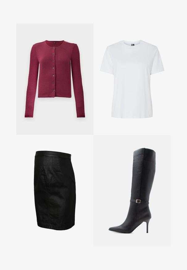 Ribbede langærmede knap-up cardigan i mørk pink med rund hals og syv sorte og sølv knapper ned langs fronten.; Hvid bomulds T-shirt med korte ærmer og rund halsudskæring. Glat tekstur, afslappet pasform og ingen synlige mønstre eller detaljer.; Sort denim nederdel med en tætsiddende silhuet, en glat læderlinning, enkel syning og sidelommer. Ingen synlige mønstre eller accenter.; Sort læder knæhøj støvle med spids tå, stiletto hæl, og en dekorativ rem med en gylden spænde ved anklen.