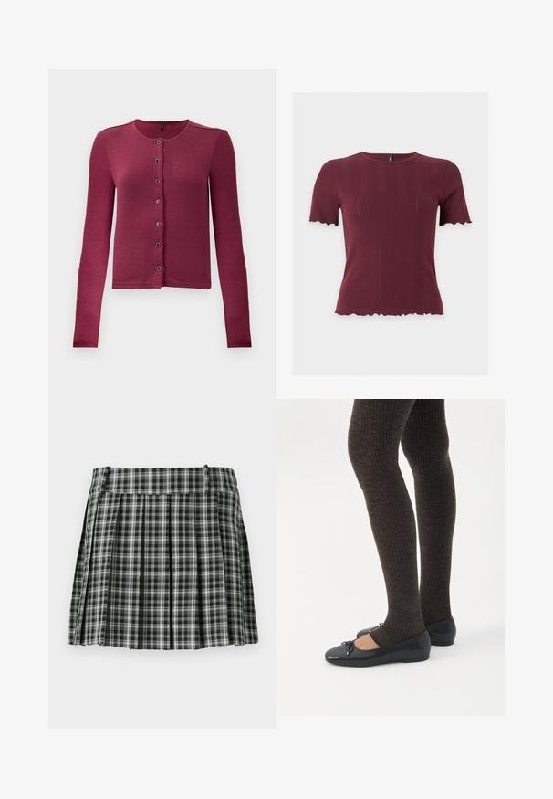 Geribde langwerpige button-up cardigan in donkerroze met ronde halslijn en zeven zwarte en zilveren knopen aan de voorkant.; Kortermig bordeaux gebreid topje met geschulpte randen aan mouwen en zoom, met een ronde halslijn en subtiele verticale structuur.; Zwart-wit geruite geplisseerde rok met een gladde tailleband en meerdere verticale plooien. Gemaakt van lichte stof.; Benen met donkere geribbelde leggings gecombineerd met zwarte ballerina's met kleine strikdetails op een witte achtergrond.