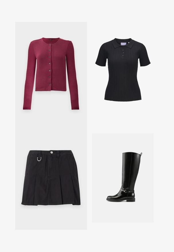 Cárdigan de botones de manga larga con relieve en rosa oscuro, con cuello redondo y siete botones negros y plateados en la parte delantera.; Camiseta tipo polo negra de manga corta con tejido de punto acanalado, cuatro botones y cuello tradicional.; Falda negra plisada de algodón, con cierre de botones en la parte delantera, lazos para cinturón y un acento en forma de D en la cinturilla.; Botas negras hasta la rodilla hechas de cuero brillante, con un detalle de hebilla plateada en el tobillo y un diseño de punta redondeada. Suela plana.