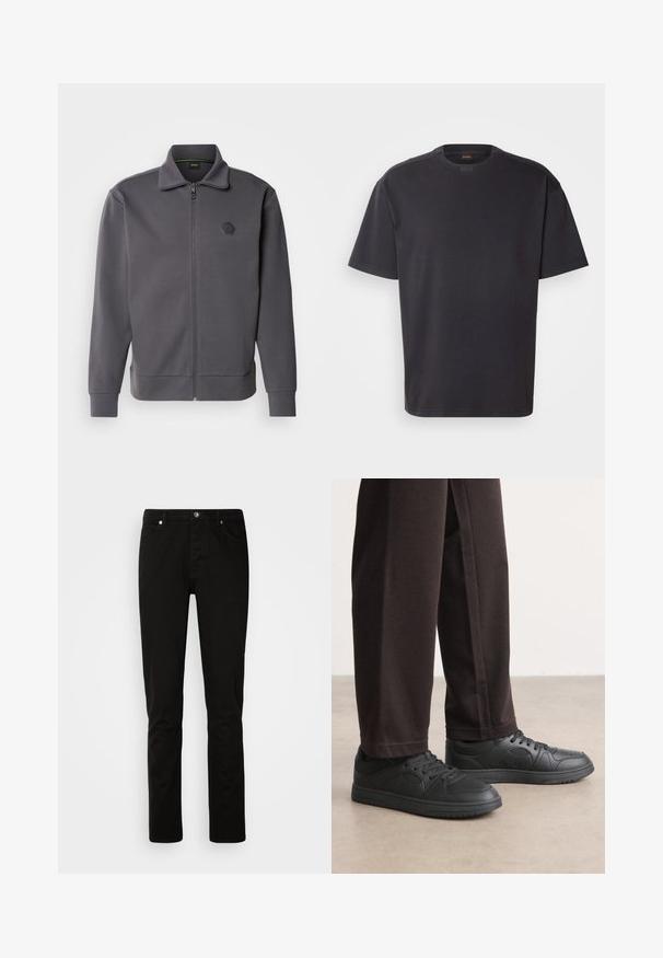 Graue Jacke mit Reißverschluss aus glattem Stoff, mit hohem Kragen, gerippten Bündchen und einem Sechseck-Logo auf der linken Brust.; Schwarzes T-Shirt mit kurzen Ärmeln aus Baumwolle, mit rundem Halsausschnitt und dezentem Branding am Kragen. Weiche Textur mit lässiger Passform.; Schwarze Jeans mit geradem Bein, vorne mit Knopf- und Reißverschluss, Vorder- und Gesäßtaschen, dargestellt vor einem schlichten hellen Hintergrund.; Schwarze Sneakers mit einer glatten, lederähnlichen Textur, runder Zehenpartie und Schnürdesign. Kombiniert mit dunklen, locker sitzenden Hosen. Flache Gummisohle.