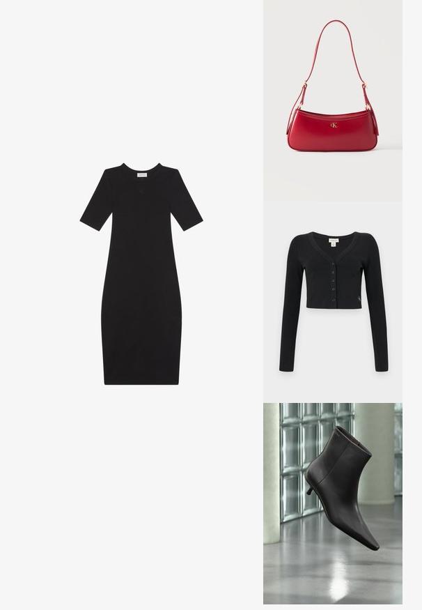 Cárdigan negro corto hecho de tela acanalada. Presenta mangas largas, un escote en V y una fila de seis botones en la parte delantera. Diseño minimalista.; Vestido negro ajustado hasta la rodilla con mangas cortas y escote redondo, con un pequeño detalle de logotipo en el pecho.; Bota de cuero negro para el tobillo con puntera puntiaguda y tacón pequeño, exhibida frente a una pared de bloques de vidrio y un suelo pulido.; Bolso de hombro de cuero rojo con emblema dorado del logotipo "cK" y correa ajustable sobre un fondo claro y liso.