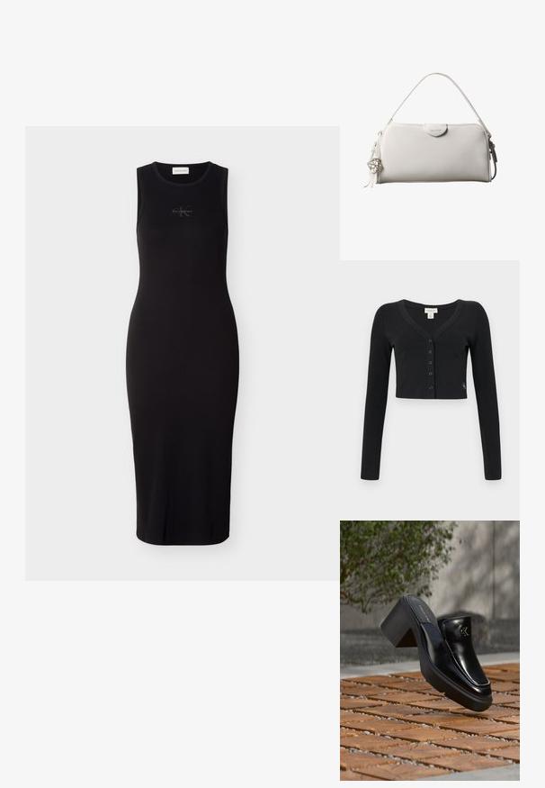Zwarte cropped cardigan van ribgebreide stof. Heeft lange mouwen, een V-hals en een rij van zes knopen aan de voorkant. Minimalistisch design.; Zwarte mouwloze midi-jurk gemaakt van geribd stof; heeft een ronde halslijn en een subtiel logo op de borst.; Zwarte leren Calvin Klein slip-on mule met blokhak rustend op houten tegels buiten, vlak bij een groene plant en een grijze muur.; Witte rechthoekige Calvin Klein handtas met enkele handgreep, minimalistisch ontwerp en decoratieve kwastjes met geometrische metalen hanger aan de zijkant.
