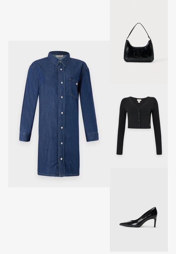 Cárdigan negro corto hecho de tela acanalada. Presenta mangas largas, un escote en V y una fila de seis botones en la parte delantera. Diseño minimalista.; Vestido camisero de mezclilla en azul oscuro, con cierre de botones en la parte delantera, mangas largas, cuello y un bolsillo en el pecho. Textura suave con un corte clásico.; Zapato de tacón alto de cuero negro con punta afilada, textura suave y tacón en forma de cono. Diseño minimalista, sin adornos adicionales.; Bolso de mano de piel sintética negra con un asa curvada en la parte superior, cierre de cremallera y logo "cK" en relieve en el frente. Textura suave, forma estructurada.
