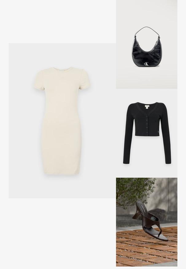Cárdigan negro corto hecho de tela acanalada. Presenta mangas largas, un escote en V y una fila de seis botones en la parte delantera. Diseño minimalista.; Vestido corto de manga corta color beige claro con una silueta ajustada. Hecho de una tela suave, presenta un pequeño logo bordado en el pecho.; Sandalia de tiras con tacón marrón de Calvin Klein suspendida sobre suelo exterior de loseta de madera y grava, con fondo desenfocado de vegetación y piedras.; Bolso de mano de cuero negro en forma de media luna con asa corta y logotipo "cK" plateado en el frente, cierre de cremallera en la parte superior.