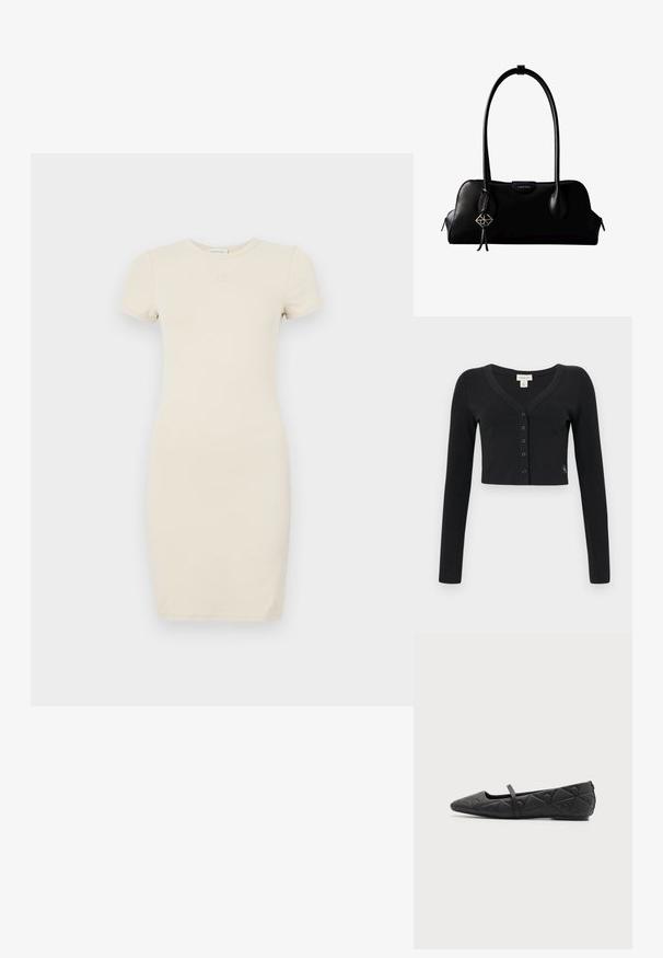 Zwarte cropped cardigan van ribgebreide stof. Heeft lange mouwen, een V-hals en een rij van zes knopen aan de voorkant. Minimalistisch design.; Lichtbeige jurk met korte mouwen en een getailleerde silhoutte. Gemaakt van zacht materiaal, met een klein geborduurd logo op de borst.; Zwarte platte schoen met puntige neus, doorgestikte geometrische patronen en een dunne band over de wreef, op een effen achtergrond.; Zwarte leren Calvin Klein handtas met lange hengsels, een logo-label aan de voorkant en een zilverkleurige geometrische hanger die aan één hengsel hangt.