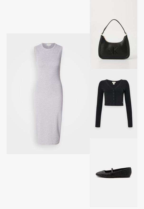 Zwarte cropped cardigan van ribgebreide stof. Heeft lange mouwen, een V-hals en een rij van zes knopen aan de voorkant. Minimalistisch design.; Grijze mouwloze midi-jurk van een katoenmengsel. Heeft een ronde halslijn en een subtiele logodetail op de borst. Glad textuur.; Zwarte platte schoen met afgeronde neus, geperst geometrisch patroon en een enkele dunne band over de bovenkant, zijaanzicht.; Zwarte leren handtas met een gebogen vorm, voorzien van een gouden rits en een subtiel geperst "cK" logo. Gladde textuur en een enkele handvat.