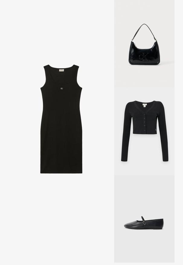 Zwarte cropped cardigan van ribgebreide stof. Heeft lange mouwen, een V-hals en een rij van zes knopen aan de voorkant. Minimalistisch design.; Zwarte mouwloze jurk tot op de knieën met een ronde halslijn en een klein logo geborduurd net onder de kraag.; Zwarte leren balletschoenen met een spitse neus, platte zool en een kleine strap met een zilveren gespsluiting.; Zwarte gepatenteerde leren handtas met een gebogen bovenhandgreep, ritsafsluiting en reliëf "cK" logo aan de voorkant. Gladde textuur, gestructureerde vorm.