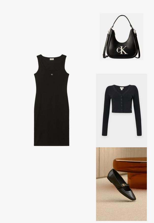 Cárdigan negro corto hecho de tela acanalada. Presenta mangas largas, un escote en V y una fila de seis botones en la parte delantera. Diseño minimalista.; Vestido negro sin mangas hasta la rodilla con escote redondo y pequeño parche con logo centrado justo debajo del cuello.; Zapato plano de cuero negro con puntera puntiaguda y logo dorado de CK en la correa, colocado sobre una alfombra beige cerca de una mesa redonda marrón ámbar.; Bolso de mano de cuero negro con logo plateado "cK" en el frente, con asa corta y correa de hombro ajustable más larga.
