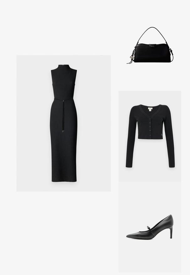 Sort cropped cardigan lavet af ribbet stof. Har lange ærmer, en V-hals og en række af seks knapper foran. Minimalistisk design.; Sort ærmeløs kjole med høj hals, textured stof, tætsiddende silhuet og en talje-bånd med en cirkulær accent.; Sort læderspids højhælede sko med tynd rem og spænde over vristen, stående på en neutral lys baggrund.; Sort rektangulær Calvin Klein håndtaske med enkelt toprem, sølvlogo vedhæng og lille klaplukning foran.