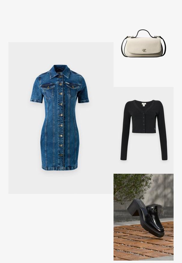 Zwarte cropped cardigan van ribgebreide stof. Heeft lange mouwen, een V-hals en een rij van zes knopen aan de voorkant. Minimalistisch design.; Denim jurk in een medium wash blauwe kleur, met korte mouwen, een knoopsluiting aan de voorkant, twee borstzakken en een getailleerde pasvorm met verticale stiksels.; Zwarte leren Calvin Klein slip-on mule met blokhak rustend op houten tegels buiten, vlak bij een groene plant en een grijze muur.; Crèmekleurige rechthoekige handtas met zwarte riem en handvat, voorflapsluiting en een klein zilverkleurig "cK"-logo in het midden van de voorkant.