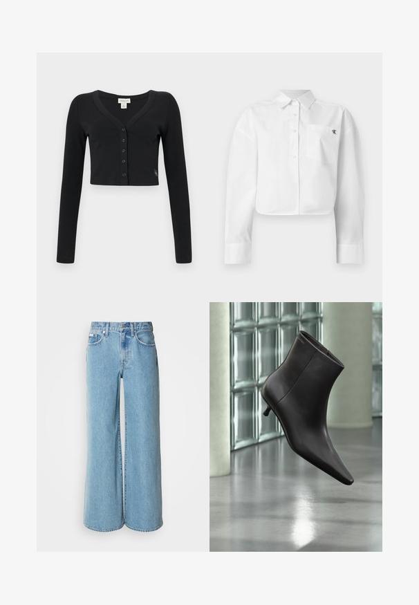 Zwarte cropped cardigan van ribgebreide stof. Heeft lange mouwen, een V-hals en een rij van zes knopen aan de voorkant. Minimalistisch design.; Wit cropped overhemd met lange mouwen, knoopsluiting, puntige kraag en borstzak met klein zwart "ck"-logo.; Lichtblauwe wijde jeans van denim, met een hoge taille, vijf pockets en subtiele vervaging langs de stof.; Zwarte leren enkellaars met puntige neus en lage hak, afgebeeld tegen een glazen blokkenmuur en gepolijste vloer op de achtergrond.