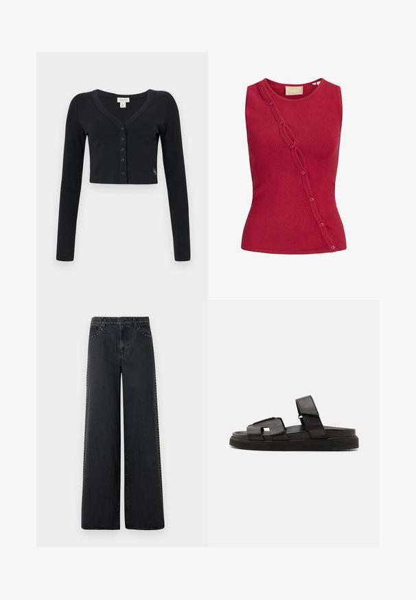 Schwarze, verkürzte Strickjacke aus Rippstoff. Mit langen Ärmeln, V-Ausschnitt und einer Reihe von sechs Knöpfen auf der Vorderseite. Minimalistisches Design.; Ärmelloses rotes Stricktop mit Rundhalsausschnitt und diagonalen, mit Knöpfen verzierten Rippdetails von der Schulter bis zum Saum.; Schwarze Jeans mit weitem Bein aus Denim, mit Metallnieten entlang des Bunds und der Seitennähte. Verfügt über klassischen Fünf-Taschen-Stil und eine lockere Passform.; Schwarze Leder-Sandalen zum Hineinschlüpfen mit einem breiten Riemen-Design, das geometrische Ausschnitte und eine strukturierte Oberfläche aufweist, ergänzt durch eine dicke Gummisohle.