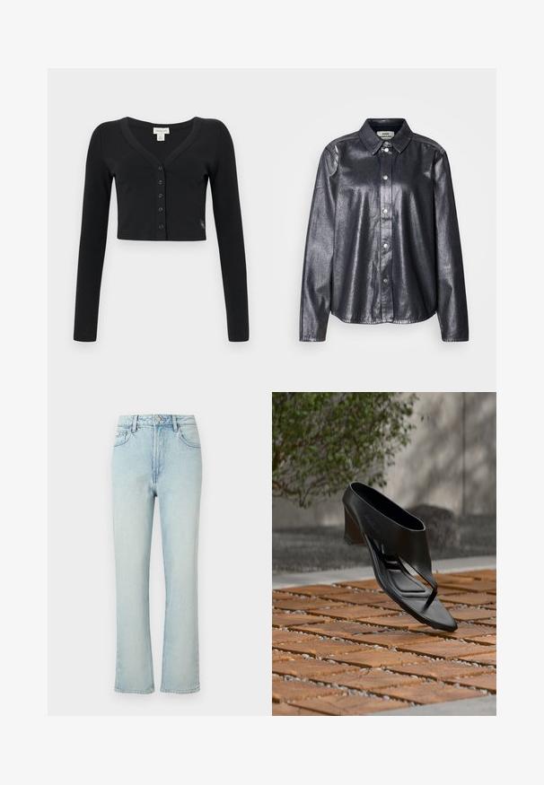 Cárdigan negro corto hecho de tela acanalada. Presenta mangas largas, un escote en V y una fila de seis botones en la parte delantera. Diseño minimalista.; Camisa metálica oscura de tela suave, con un frente abotonado, cuello clásico y mangas largas con un corte relajado.; Vaqueros azul claro de tiro alto y pierna recta con botón frontal, trabillas para cinturón y diseño clásico de cinco bolsillos sobre un fondo liso.; Sandalia negra de tacón alto con tira entre los dedos, flotando sobre una superficie exterior de madera y grava con patrón, con vegetación desenfocada y pared al fondo.