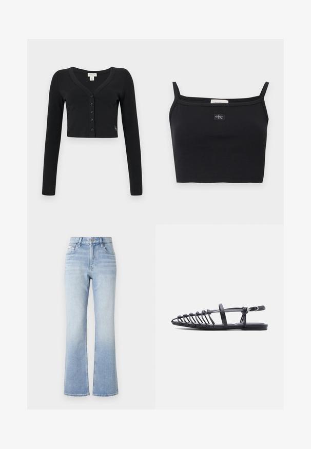 Cárdigan negro corto hecho de tela acanalada. Presenta mangas largas, un escote en V y una fila de seis botones en la parte delantera. Diseño minimalista.; Top corto negro acanalado con tirantes delgados y un pequeño parche con el logo de Calvin Klein centrado en el pecho.; Jeans acampanados de mezclilla azul claro con cintura alta, costuras en contraste, bolsillos frontales y un sutil efecto de desgaste hacia el dobladillo.; Sandalia plana negra con múltiples tiras delgadas, correa con hebilla en el tobillo y diseño de jaula con punta abierta sobre fondo blanco.