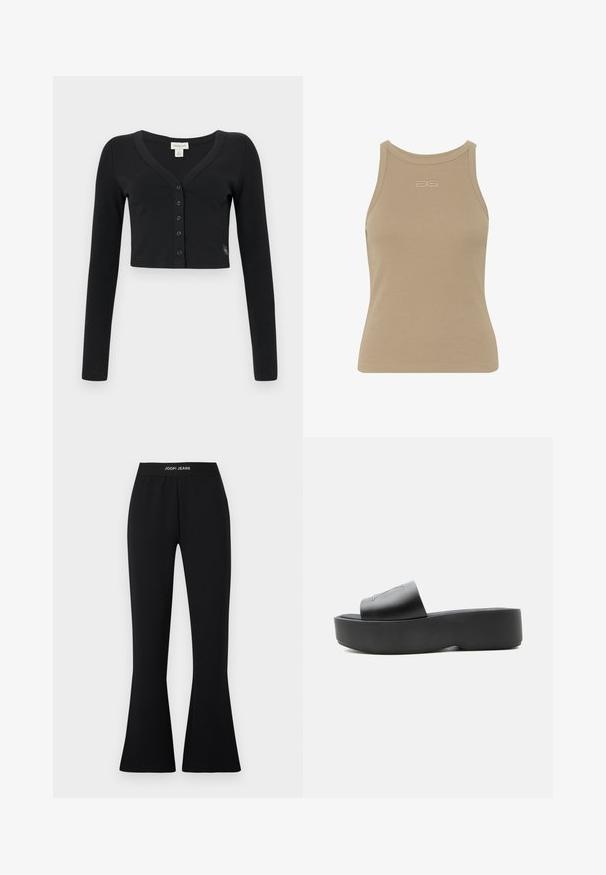 Cárdigan negro corto hecho de tela acanalada. Presenta mangas largas, un escote en V y una fila de seis botones en la parte delantera. Diseño minimalista.; Top sin mangas de canalé beige con escote redondo, diseño sin mangas y un pequeño logo en relieve en el centro delantera. Textura de tela suave.; Pantalones negros acampanados de tela elástica con cintura elástica y logo "JOOP! JEANS". Textura lisa con una silueta ajustada.; Sandalia tipo slide con plataforma negra, suela gruesa y tira ancha, hecha de material liso, mostrada de lado sobre fondo blanco.