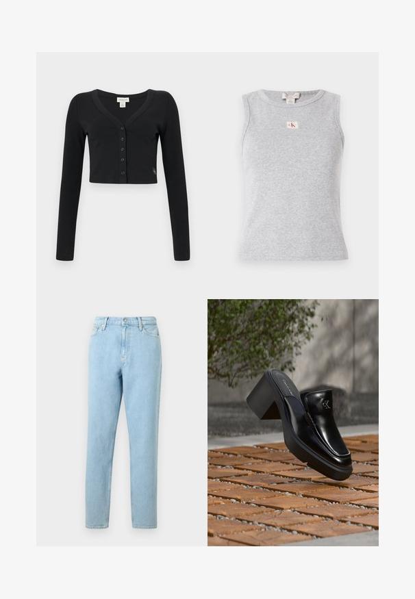 Sort cropped cardigan lavet af ribbet stof. Har lange ærmer, en V-hals og en række af seks knapper foran. Minimalistisk design.; Grå ærmeløs top i ribbet materiale med rund halsudskæring og et lille CK-logo på fronten. Enkelt og tætsiddende design.; Lyseblå denimjeans med lige ben, femlommers design og knaplukning. Har subtilt slid og en glat tekstur.; Sort læder Calvin Klein slip-on mule med blokhæl, der hviler på trætøj udendørs nær en grøn plante og en grå væg.