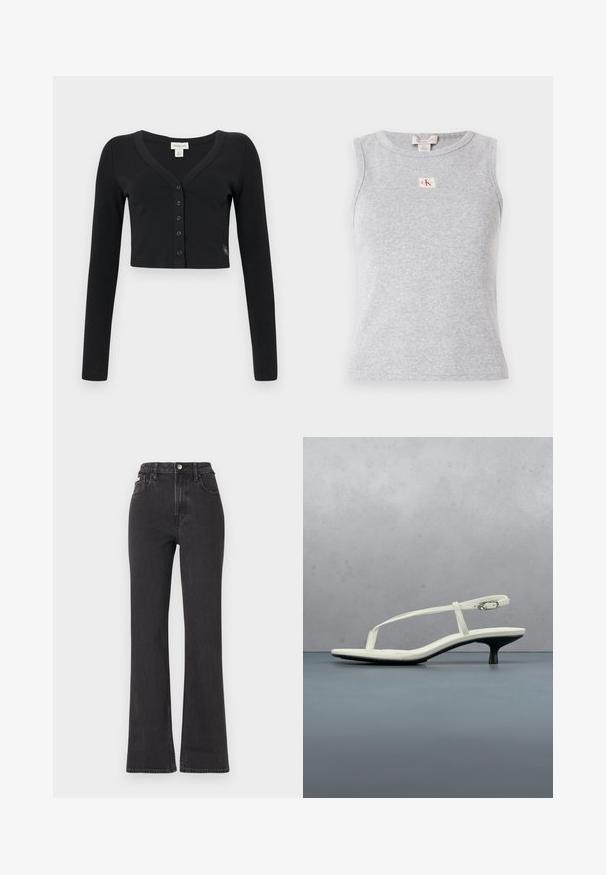Cárdigan negro corto hecho de tela acanalada. Presenta mangas largas, un escote en V y una fila de seis botones en la parte delantera. Diseño minimalista.; Top gris sin mangas hecho de tejido acanalado, con un escote redondo y una pequeña etiqueta con el logo de CK en la parte delantera. Diseño simple y ajustado.; Jeans de cintura alta negros en tejido de mezclilla, con cierre de botón, presillas para cinturón y bolsillos laterales. Textura suave con un desvanecimiento mínimo.; Sandalia blanca de tacón kitten con tiras y punta afilada, flotando sobre un suelo de baldosas de madera al aire libre, con un fondo desenfocado de plantas y pared.