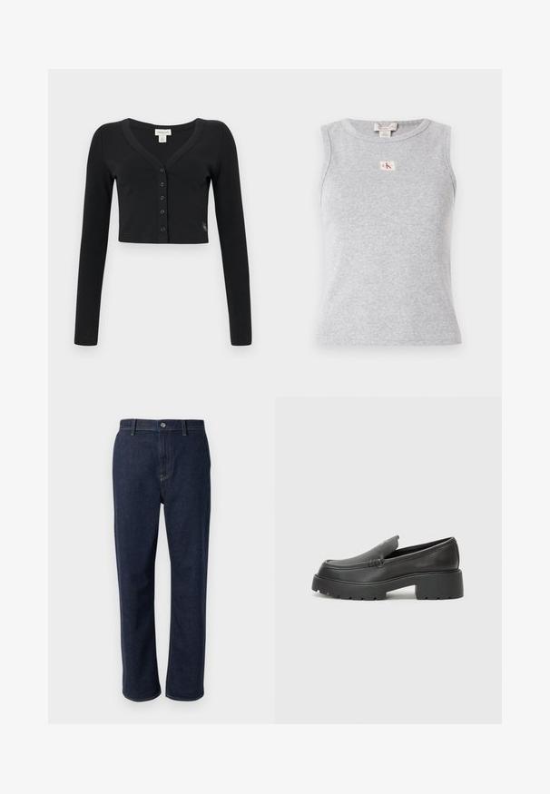 Zwarte cropped cardigan van ribgebreide stof. Heeft lange mouwen, een V-hals en een rij van zes knopen aan de voorkant. Minimalistisch design.; Grijze mouwloze top van ribstof, met een ronde halslijn en een klein CK-logo label op de voorkant. Eenvoudig en aansluitend ontwerp.; Donkerblauwe denim jeans met een recht lijn ontwerp, voorzien van een ritssluiting, frontzakken en zichtbare stiksels in een contrasterende kleur.; Zwarte leren instappers met een ronde neus, dikke getextureerde zool en minimale stikseldetails. Strak ontwerp zonder zichtbare veters of hardware.