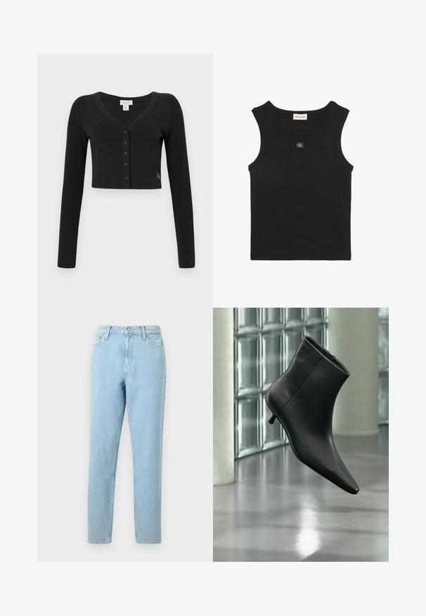Cárdigan negro corto hecho de tela acanalada. Presenta mangas largas, un escote en V y una fila de seis botones en la parte delantera. Diseño minimalista.; Camiseta de tirantes negra con textura acanalada, escote redondo y pequeño parche con el logo de Calvin Klein centrado en el pecho.; Pantalones vaqueros de denim azul claro con un corte recto, diseño de cinco bolsillos y cierre de botones. Presentan un ligero desvanecimiento y una textura suave.; Botín negro de cuero con punta puntiaguda y tacón bajo estilo kitten, mostrado en ángulo sobre un suelo pulido y con una pared de bloques de vidrio de fondo.