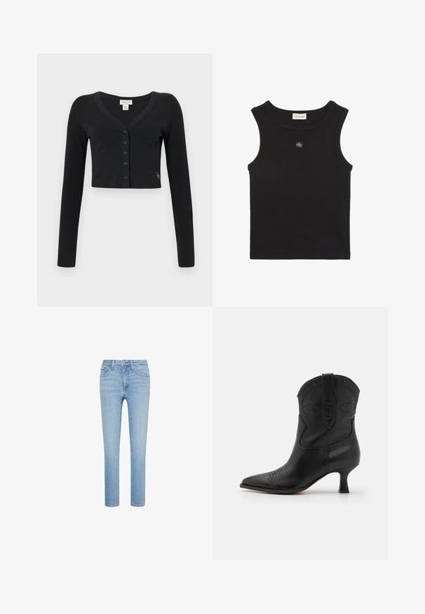 Schwarze, verkürzte Strickjacke aus Rippstoff. Mit langen Ärmeln, V-Ausschnitt und einer Reihe von sechs Knöpfen auf der Vorderseite. Minimalistisches Design.; Schwarzes ärmelloses, geripptes Tanktop mit rundem Ausschnitt und kleinem Calvin Klein-Logo-Patch mittig auf der Brust.; Hellblaue Slim-Fit-Jeans mit fünf Taschen, Frontknopf- und Reißverschluss, dargestellt vor weißem Hintergrund.; Schwarze Leder-Cowboystiefel mit spitzer Zehe, niedrigem Absatz und dekorativen Nähten am Schaft und Zehenbereich. Glatte Textur über die gesamte Fläche.