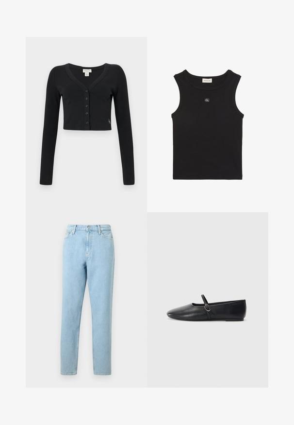 Cárdigan negro corto hecho de tela acanalada. Presenta mangas largas, un escote en V y una fila de seis botones en la parte delantera. Diseño minimalista.; Top sin mangas negro acanalado con cuello redondo, etiqueta Calvin Klein Jeans dentro del cuello y pequeño parche con el logo CK en el pecho.; Pantalones vaqueros de denim azul claro con un corte recto, diseño de cinco bolsillos y cierre de botones. Presentan un ligero desvanecimiento y una textura suave.; Bailarinas de cuero negro con punta afilada, suela plana y una pequeña correa con detalle de hebilla plateada.