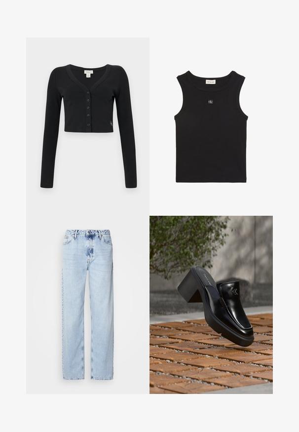 Cárdigan negro corto hecho de tela acanalada. Presenta mangas largas, un escote en V y una fila de seis botones en la parte delantera. Diseño minimalista.; Top sin mangas negro acanalado con cuello redondo, etiqueta Calvin Klein Jeans dentro del cuello y pequeño parche con el logo CK en el pecho.; Jeans de pierna ancha en azul claro, confeccionados en denim, con una cintura alta, un lavado desgastado y un sutil patrón de tie-dye en la parte delantera.; Mule tipo slip-on de cuero negro de Calvin Klein con tacón de bloque descansando sobre baldosas de madera al aire libre cerca de una planta verde y una pared gris.