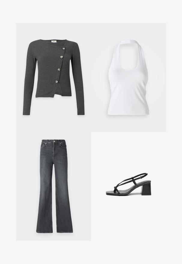 Cárdigan gris oscuro de canalé con mangas largas y cierre asimétrico con cuatro botones de color claro en la parte delantera.; Top halter blanco con escote redondeado, hecho de una tela suave y elástica. Presenta un diseño minimalista sin adornos ni patrones.; Pantalones vaqueros acampanados de denim oscuro con cintura alta, que cuentan con bolsillos frontales, cremallera y un diseño clásico de cinco bolsillos.; Sandalias de tacón de cuero negro con punta cuadrada, correas delgadas y tacón de bloque. Textura suave con acentos mínimos, diseñadas para un uso fácil.