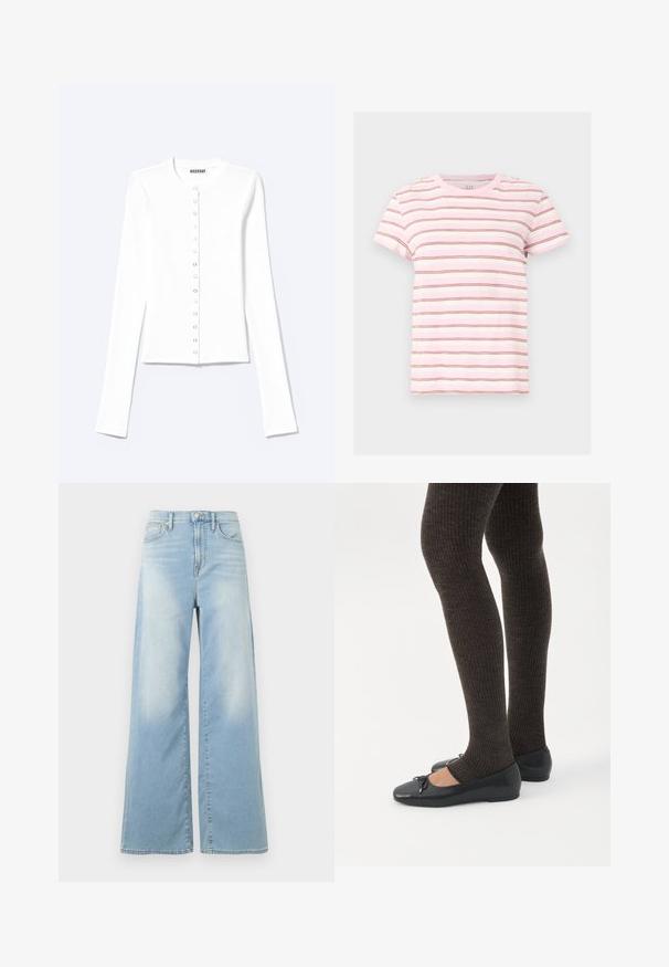 Cardigan blanc ajusté à manches longues avec encolure ronde et fermeture à pression sur le devant, étiqueté "Weekday".; T-shirt à manches courtes rose et blanche avec de fines rayures horizontales marron, encolure ronde et coupe décontractée.; Jean large bleu clair à taille haute, avec boutons à l'avant et poches, présenté sur un fond blanc.; Jambes portant des leggings côtelés foncés associés à des ballerines noires avec de petits détails en nœud sur fond blanc.