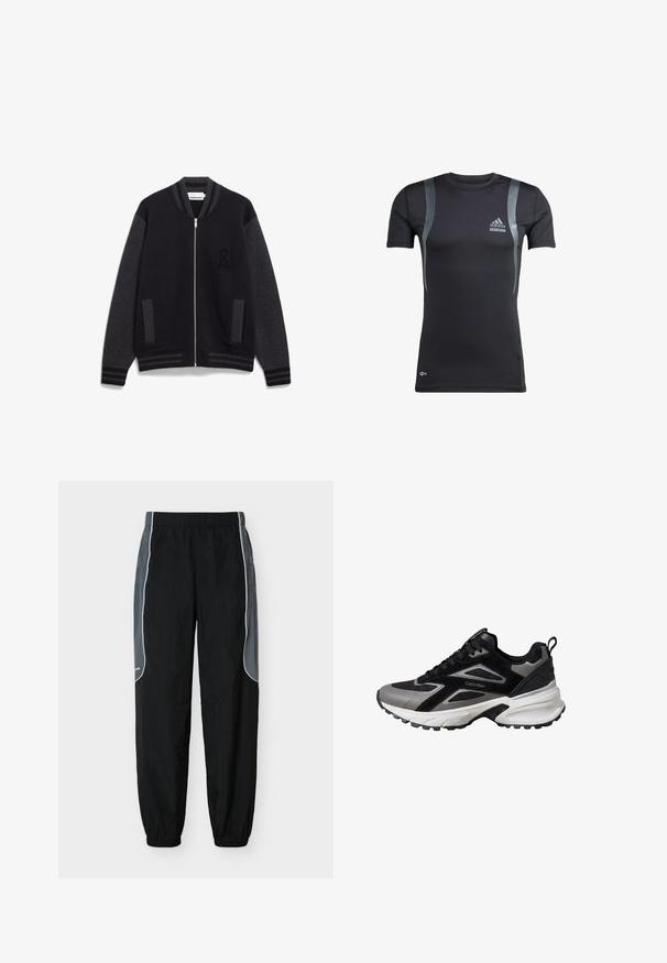 Schwarze und graue Bomberjacke mit Reißverschluss, geripptem Kragen und Bündchen, seitlichen Taschen und einem gestickten Buchstaben "A" auf der Brust. Weiche Textur.; Schwarzes, kurzärmeliges Sportshirt mit grauen Akzenten, aus dehnbarem Material. Mit Adidas-Logo auf der linken Brust und Techfit-Branding.; Schwarze Jogginghosen mit dunkelgrauen Seitenpaneelen und weißer Paspelierung, elastischem Bund und Bündchen, vor weißem Hintergrund gezeigt.; Schwarzer und grauer Calvin Klein Sneaker mit weißer klobiger Sohle, Mesh-Elementen, Schnürverschluss vorne und Zuglasche an der Ferse.