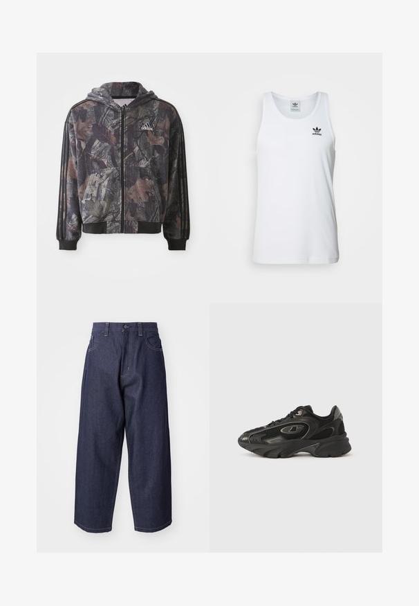 Huppari, jossa on vetoketju ja jota koristaa camo-kuvio ruskeilla ja mustilla lehtiyksityiskohdilla, mustat hihansuut ja kolme mustaa raitaa hihoissa.; Valkoinen ribattupintainen tank top, jossa on pyöreä pääntie, musta Adidas-logo vasemmassa rinnassa ja ilman hihoja. Pehmeää puuvillamateriaalia, rento istuvuus.; Tummansinisiä farkkuja, joissa on löysä, leveä lahkeiden muotoilu. Ominaisuuksiin kuuluvat nappisulku, etutaskut ja näkyvät ompeluakoristeet.; Mustat urheilukengät, joissa on verkkomainen ja synteettinen päällinen, kaareva pohja, pehmustettu kaulus ja hillityt logovivahteet. Sivupaneeleissa teksturoidut yksityiskohdat.